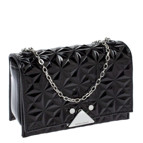 Emporio Armani Handbags - Emporio Armani Black Patent Quilted Leather Stud Flap Chain Bag